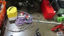 Minnow bucket, fishing net, and skiing line