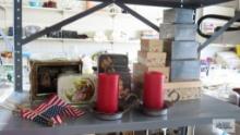 Candle holders, metal stacking boxes, cardboard stacking boxes, and various tins