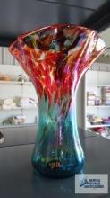 Glass Eye hand blown teal and red glass vase