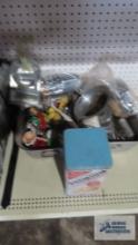 Vintage utensils, hand grinder/salad maker and Nabisco premium saltine cracker tin