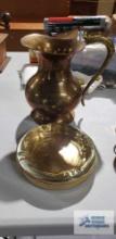 Brass pitcher and glass ashtray with brass base