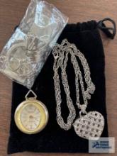 Lucerne anti-magnetic watch, Fossil locket style watch on silver colored chain, and diamond ring