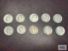 (10) Roosevelt dimes, years ranging from 1954 to 1964