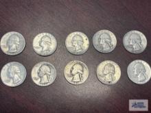 (10) Washington quarters, years ranging from 1942 to 1964