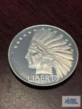 Indian Head Liberty coin, marked on back two troy ounces .999 fine silver, made in U.S.A. Copy