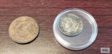 1865 Two cent coin and 1943 Australian Six Pence