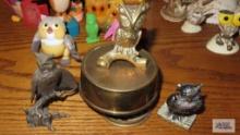 OWL METAL MUSIC BOX AND OWL METAL FIGURINES