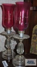 VINTAGE ELECTRIFIED PLASTIC AND GLASS LAMPS WITH CRANBERRY COLORED SHADES, NO CRYSTALS