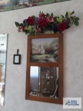 THOMAS KINKADE WALL MIRROR, OTHER PRINTS, AND FLORAL DECORATIONS