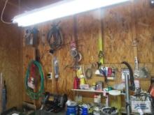 HARDWARE, TOOLS, ETC ON BACK WALL AND BACK OF BENCH