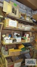 Tractor parts, hardware, trailer lights, breaker box and etc on shelf