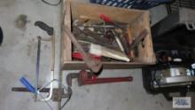 Assorted tools and antique wooden crate