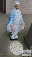 Concrete religious figurine and peace stepping stone. Figurine is approximately 3 ft tall.