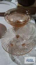 pink depression glass bowls and candy dish