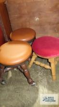 Two roll about stools and oak stool