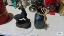 Metal reindeer figurine, small marble top, and painted mason jar