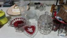 Cranberry glass candy dish, heart-shaped vanity tray, covered candy dishes, etc