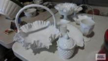 Hobnail milk glass basket, divided dish, sugar, etc