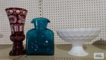 Cranberry vase, centerpiece dish and etc