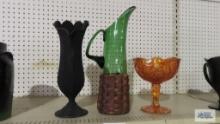 Black glass vase, carnival glass candy dish, and pitcher