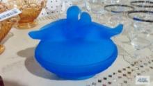 Westmoreland Blue Glass covered dish with birds