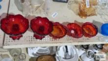 Red glass candle holders, Westmoreland Glass ashtray and etc