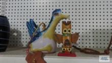 Pacific stoneware clay bird figurine bell and wooden totem pole