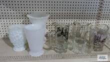 Milk glass vases, Conneaut Lake advertising mug, Davy Crockett pitcher, and other glassware