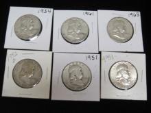 Lot of (6) Franklin Half Dollars