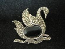 Sterling Silver Swan Brooch with Black Onyx and Maracasites