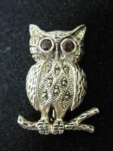 Sterling Silver Owl Brooch with Garnet Eyes