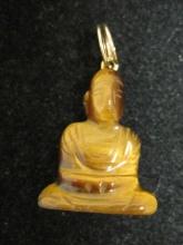 Chinese Carved Tiger Eye Buddha Pendant with 14k Gold Loop