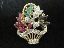 14k Gold Diamond, Ruby, Emerald and Sapphire Brooch- Appraised at $1050!