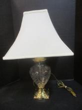 Cut Glass Crystal and Brass Lamp with Silk Shade