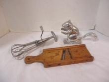 Vintage Aluminum Squirrel Nut Cracker, Metal Hand Mixer, and Wood Grater