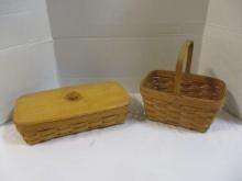 2 Signed and Dated Longaberger Baskets - One with Wood Lid and Plastic Liner