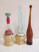 Midcentury Stretched Brown Glass Bottle and Two Chianti Bottles with Woven