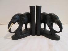 Pair of Carved Ebony Wood Elephant Bookends