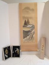 Signed Black Velvet Asian Man and Woman Paintings and Japanese Scroll Landscape