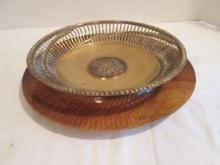 Brass Open Edge Bowl with Koi Relief Bottom and Wood Underplate