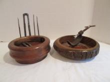 Two Wooden Nut Bowls with Nut Crackers