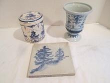 Delft Blue Vase, Lidded Jar and Trivet