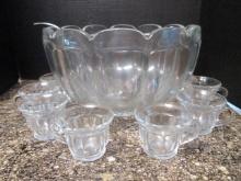 Vintage Heavy Clear Glass Punch Bowl Set