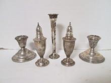 Weighted Sterling Bud Vase, Pair of Candle Holders and Shakers