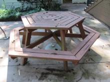 Painted Wood Hexagonal Picnic Table with Built-In Beach Seating