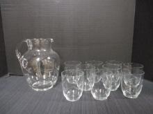 Vintage Etched Glass Pitcher and 9 Glasses Set