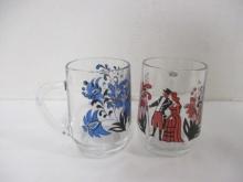 Pair of Vintage Blue and Red Clear Glass Mugs - Made in France