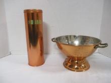 Vintage Copper Colander Strainer and Bristol Ware Copper "Pasta" Canister