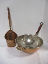 2 Vintage Copper and Wood Handle Cooking Utensils - Strainer and Ladle