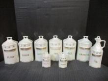 9 Pieces of Vintage White Block German Lusterware Canisters and Cruet